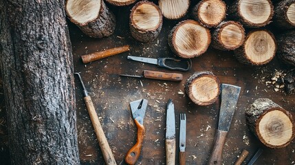A rustic woodworking area with fresh-cut logs and hand tools