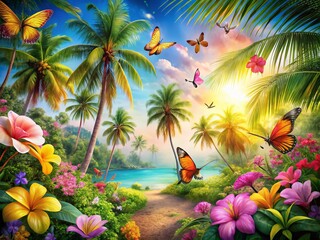 Lush Tropical Paradise: Vibrant Palm Trees, Exotic Flowers & Wildlife - Summer Vacation