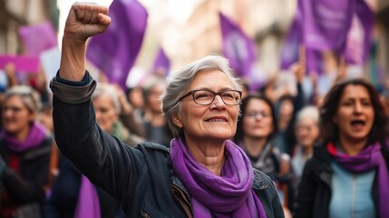 Elderly woman raising her fist in determination during a feminist protest, surrounded by supporters holding purple banners and flags.