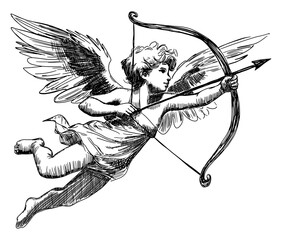 cupid isolated hand drawn sketch black white card design detailed valentine day romance mythology classical art vector illustration flight aiming bow arrow © Oleksandr Yashchuk