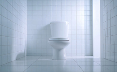 A minimalist white toilet in a clean, bright, tiled bathroom with a hygienic and modern design.