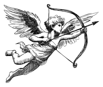 cupid isolated hand drawn sketch black white card design detailed valentine day romance mythology classical art vector illustration flight aiming bow arrow