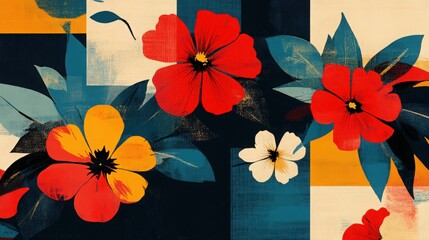 Abstract floral pattern with red, yellow, and white flowers on a geometric background