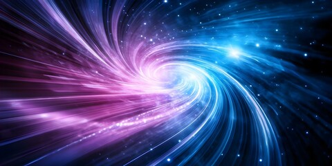 Fototapeta premium A swirling vortex of vibrant pink and blue light set against a dark starry background, resembling a cosmic or space phenomenon. Concept Cosmic Vortex, Vibrant Colors, Space Phenomenon
