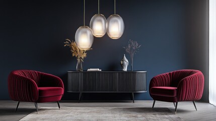 Elegant living room with red velvet armchairs, dark cabinet, and pendant lights.