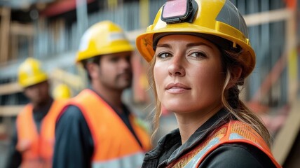 A confident woman in a yellow helmet and safety vest at a construction site, representing leadership and gender diversity in labor.