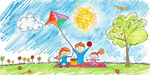 Naklejka premium A colorful drawing of children playing outdoors with a kite and a picnic.