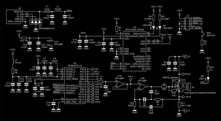 Schematic diagram of digital electronic device 
on paper sheet. Vector drawing electrical circuit with 
integrated circuit, led, diode, controller,
operational amplifier, inductance coil,
capacitor.