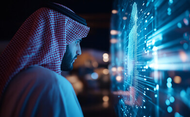 Man wearing a traditional keffiyeh looking at a glowing digital interface with facial recognition technology.