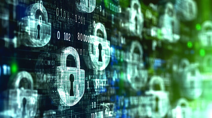Abstract digital art depicting numerous glowing padlock icons overlaid on a matrix of binary code.