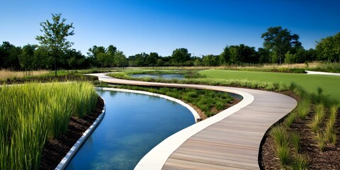A serene landscape featuring a winding path beside a tranquil body of water, surrounded by lush greenery and trees. Concept Tranquil Water Reflections, Serene Nature Walk, Lush Greenery