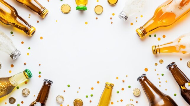 Assorted Bottles of Beer and Soda Arranged in a Circular Pattern with Colorful Confetti on White Background Creating a Festive Atmosphere for Celebrations