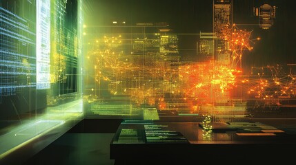 Naklejka premium Financial data being processed by quantum algorithms, visualized with glowing quantum systems and intricate financial models