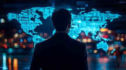 
A logistics expert standing in front of a holographic map of global trade, globalisation