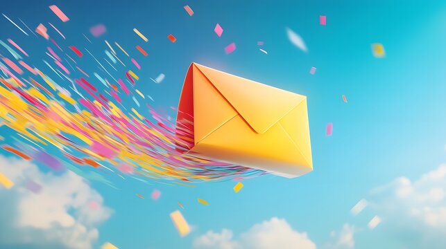 A Festive Yellow Envelope Soaring Through a Colorful Sky