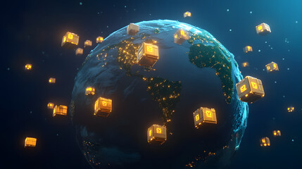 A futuristic globe with glowing parcel icons marking trade hubs across continents 