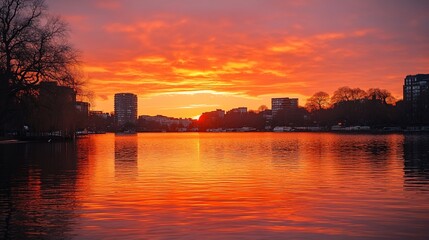 Fototapeta premium Fiery Sunset Over City Skyline Reflected In Calm Water