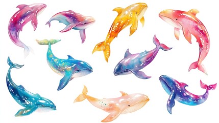 Colorful Watercolor Whales Swimming Gracefully