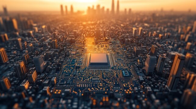 Cityscape sunrise, microchip, urban sprawl, technology, future