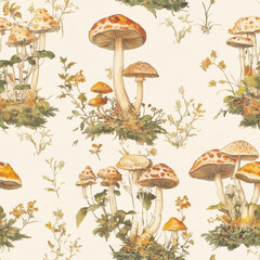 Mushroom Meadow Seamless Pattern: A charming seamless pattern featuring clusters of delicate mushrooms nestled amongst wildflowers, creating a whimsical and enchanting autumnal design.