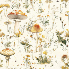 Mushroom Meadow Pattern: A charming seamless pattern featuring an array of whimsical mushrooms and wildflowers in a delicate watercolor style, evoking a sense of tranquility and natural beauty.  