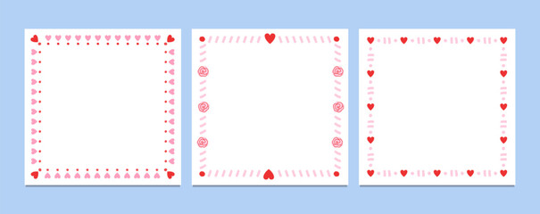 Set of square&nbsp;frames with heart, rose, and geometric pink and red decorations on a white background. Romantic border designs for Valentine&nbsp;cards, wedding invitations, birthday cards, prints.