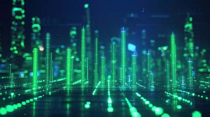 Fototapeta premium Digital cityscape with glowing green data visualization elements, representing technology and innovation in futuristic environment