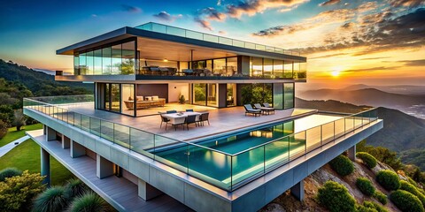 Fototapeta premium Luxury Modern Glass Villa Aerial View: Cantilevered Pool & Outdoor Kitchen