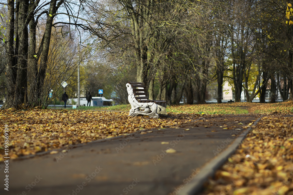 Poster Autumn Park Scene with Empty Bench and Fallen Leaves on Pathway