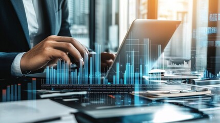 Business analytics: african male analyzing financial data on laptop in office