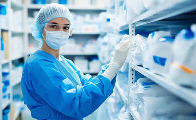  Female healthcare worker in protective scrubs and a mask organizing medical supplies on shelves in a hospital storage room.