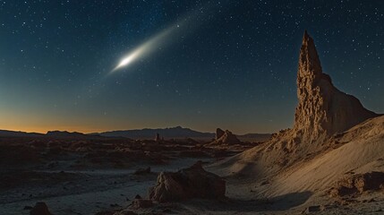 Obraz premium Desert Landscape Under Starry Night With Comet