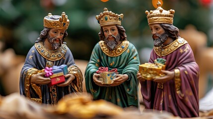 Obraz premium Three Wise Men, each adorned in regal attire and holding gifts. This scene captures the essence of the biblical story of the Magi visiting the newborn Jesus.