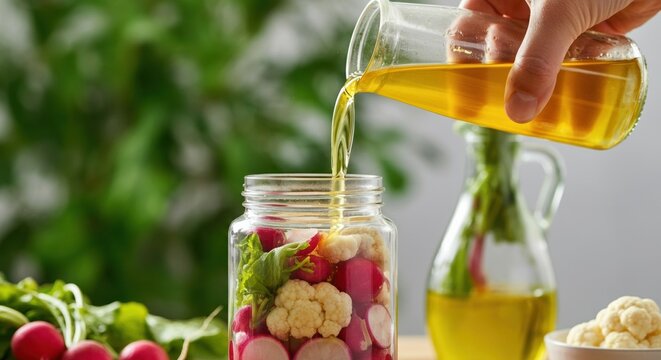 Pouring olive oil into a jar of fresh vegetables for pickling
