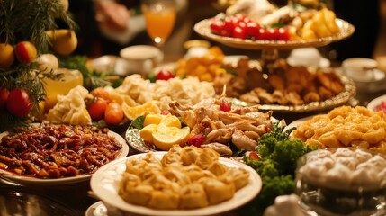 The aroma of delicious food fills the air as a Chinese New Year dinner table is laden with various traditional dishes.