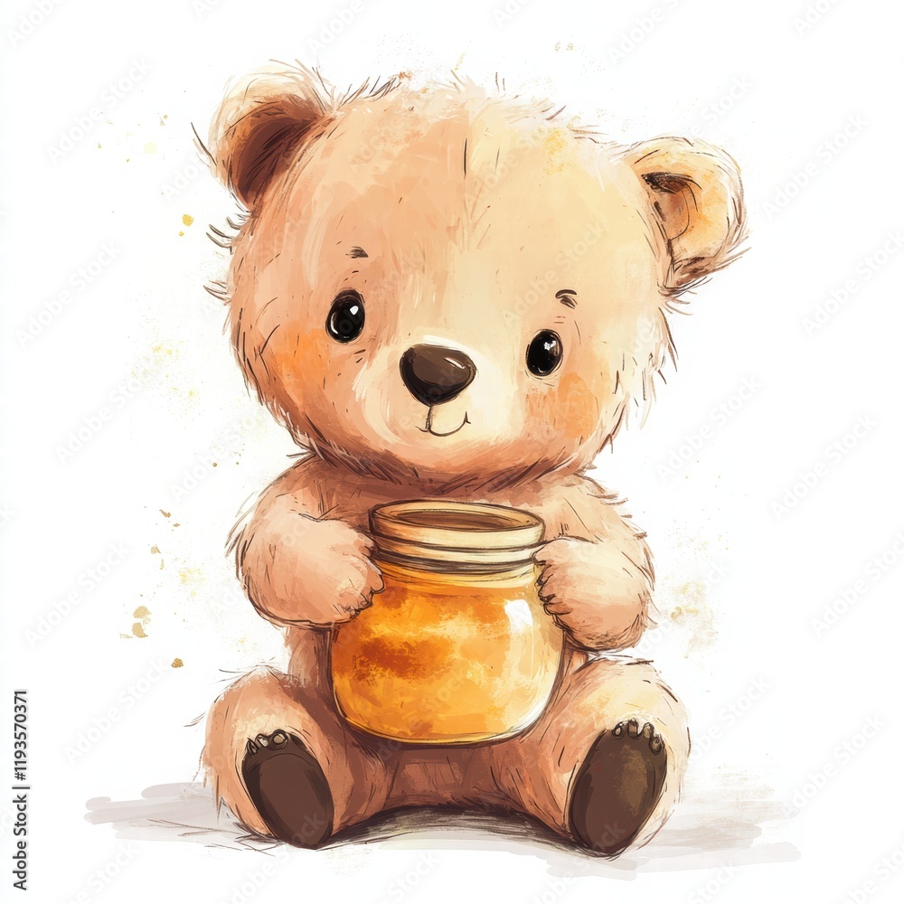Poster sweet illustrated bear holding a honey jar on a playful background with soft colors and charming det