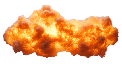 Dramatic fiery explosion with vivid flames and smoke, isolated on transparent background.
