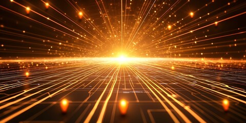 An abstract image depicting a burst of light and glowing lines, conveying a sense of energy and movement in a digital landscape. Concept Digital Burst of Light, Energetic Motion, Glowing Lines
