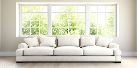 Fototapeta premium A modern living room featuring a white couch against large windows with a view of greenery outside. Concept Modern Living Room Design, White Couch Aesthetic, Large Windows Concept