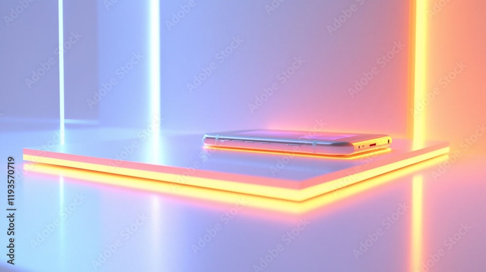 Aufkleber smartphone on illuminated platform with neon lights.
