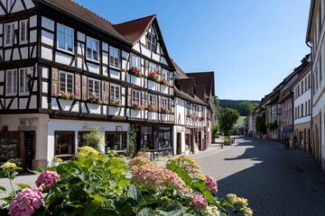 Fototapeta premium Charming German town street, sunny day, cobblestones, half-timbered houses, idyllic background
