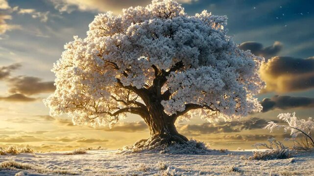 Majestic winter tree adorned with snow during sunset in a serene countryside landscape
