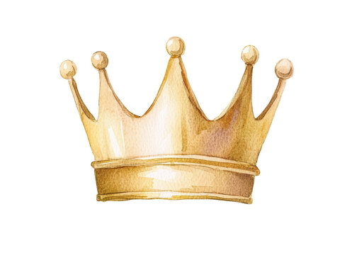 Golden crown watercolor illustration with soft texture and detailed highlights. Ideal for themes of royalty, luxury, and celebration. Isolated on transparent background, png.