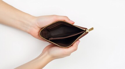 hand holding empty wallet on white background