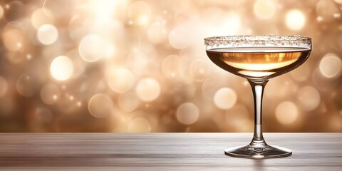 A sparkling cocktail in a coupe glass, garnished with sugar, set against a blurred, golden bokeh background. Concept Cocktail Photography, Sparkling Drinks, Elegant Coupe Glass, Bokeh Background