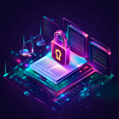 Cyber Security and Justice: An isometric illustration depicting a glowing padlock resting atop a book, symbolizing the intersection of law and digital security.