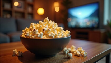 Fluffy popcorn in a bowl on a table with a cozy living room and TV in the background for movie night