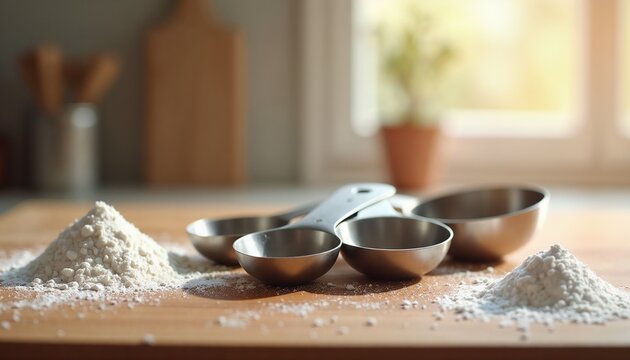Measuring tools with flour on a wooden kitchen counter in a warm cooking environment