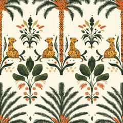 Jungle Cat Pattern:  A luxurious and exotic seamless pattern featuring elegant cheetahs amidst lush tropical foliage and palm trees. This design evokes a sense of adventure and sophisticated style.