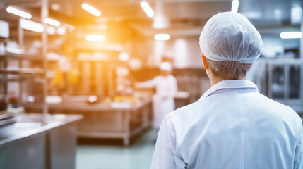 Fototapeta na wymiar Back view of a factory worker wearing a hairnet and a white uniform in a clean, stainless steel industrial environment.